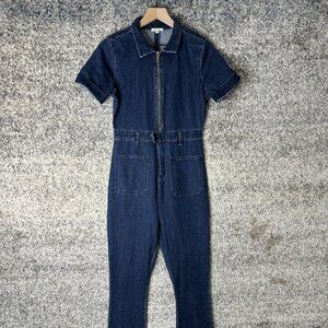 We Wore What Jumpsuit Womens Medium Blue Denim Short Sleeve Zip Front Flare Leg